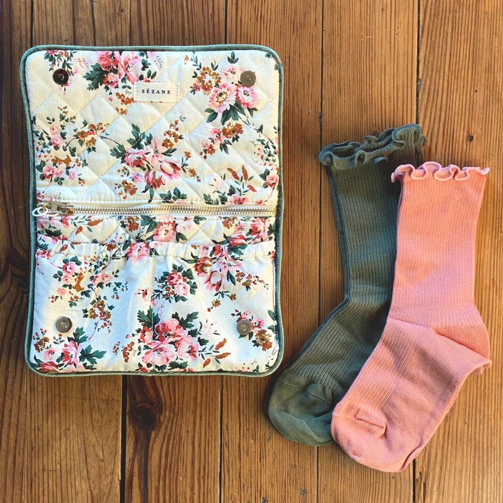 Sézane NWT | Set of Two Pairs of Socks with Quilted Floral Pouch | Travel Bag